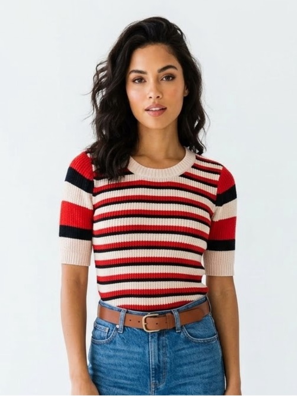 BB Dakota Red & Black Striped Short Sleeve Ribbed Knit Sweater Top Size XS